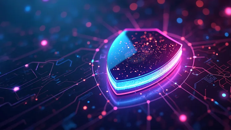 A shield illuminated by glowing lights