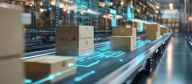 Parcel boxes in conveyor in warehouse