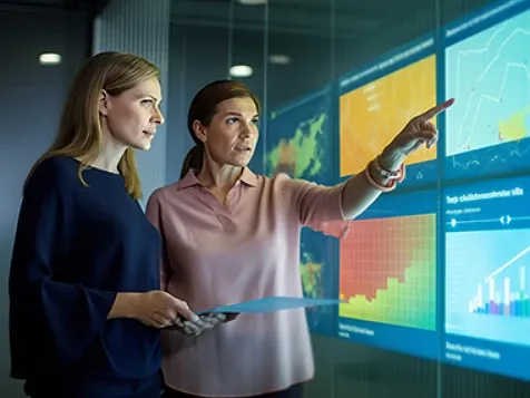 two woman pointing charts and in discusion