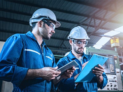Two mechanics in blue ovealls and helmet, looking at a clipboard