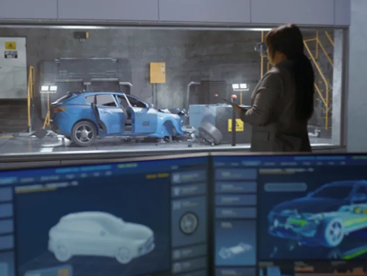 A woman looking at a car in service, while computer screen are showing the car data.