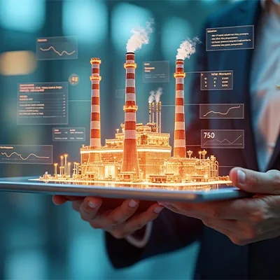 Man with tablet shows digital factory and smart city tech.