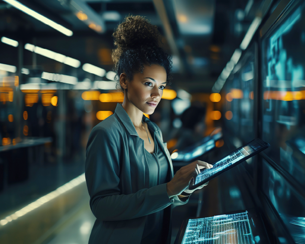 Woman monitoring data values on screen