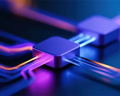 Futuristic glowing data nodes connected by neon digital network pathways