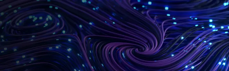 Abstract swirling luminous lines of violet with blue dots