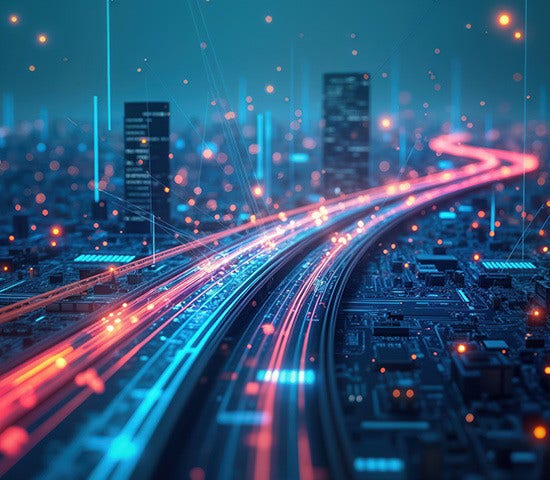 The city skyline aglow with colorful lights and busy traffic, reflecting a dynamic cross-industry environment