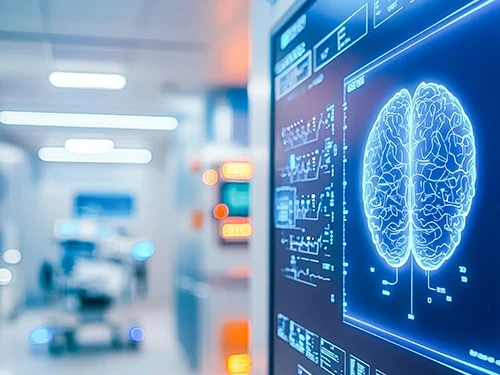 Graphic image of brain on big screen in pharma industry