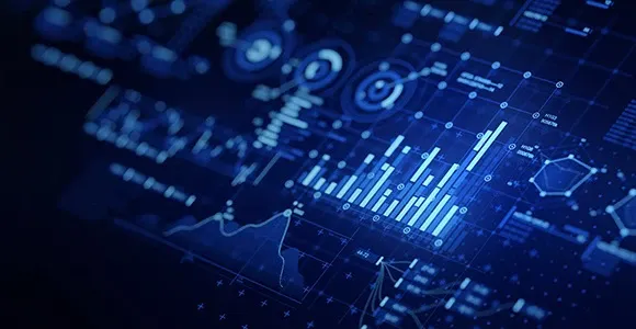 Abstract image of various financial data and graphs in blue lights