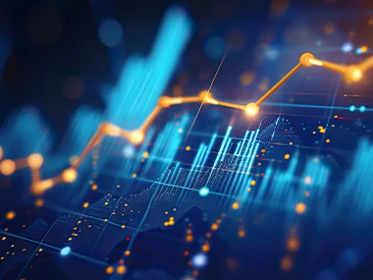 An abstract image of a digital graph with blue and orange led lines